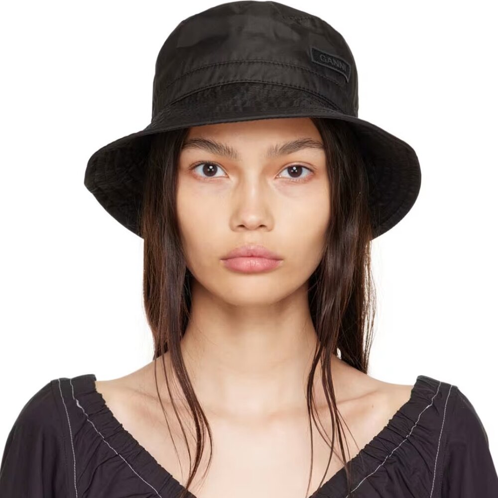 GANNI Black Sateen Bucket Hat